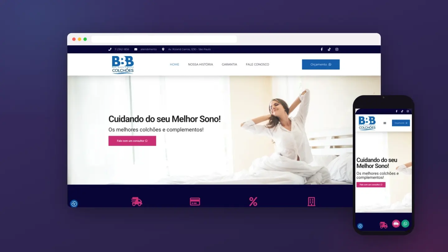 Mockup do site de BBB COLCHÕES em desktop e mobile