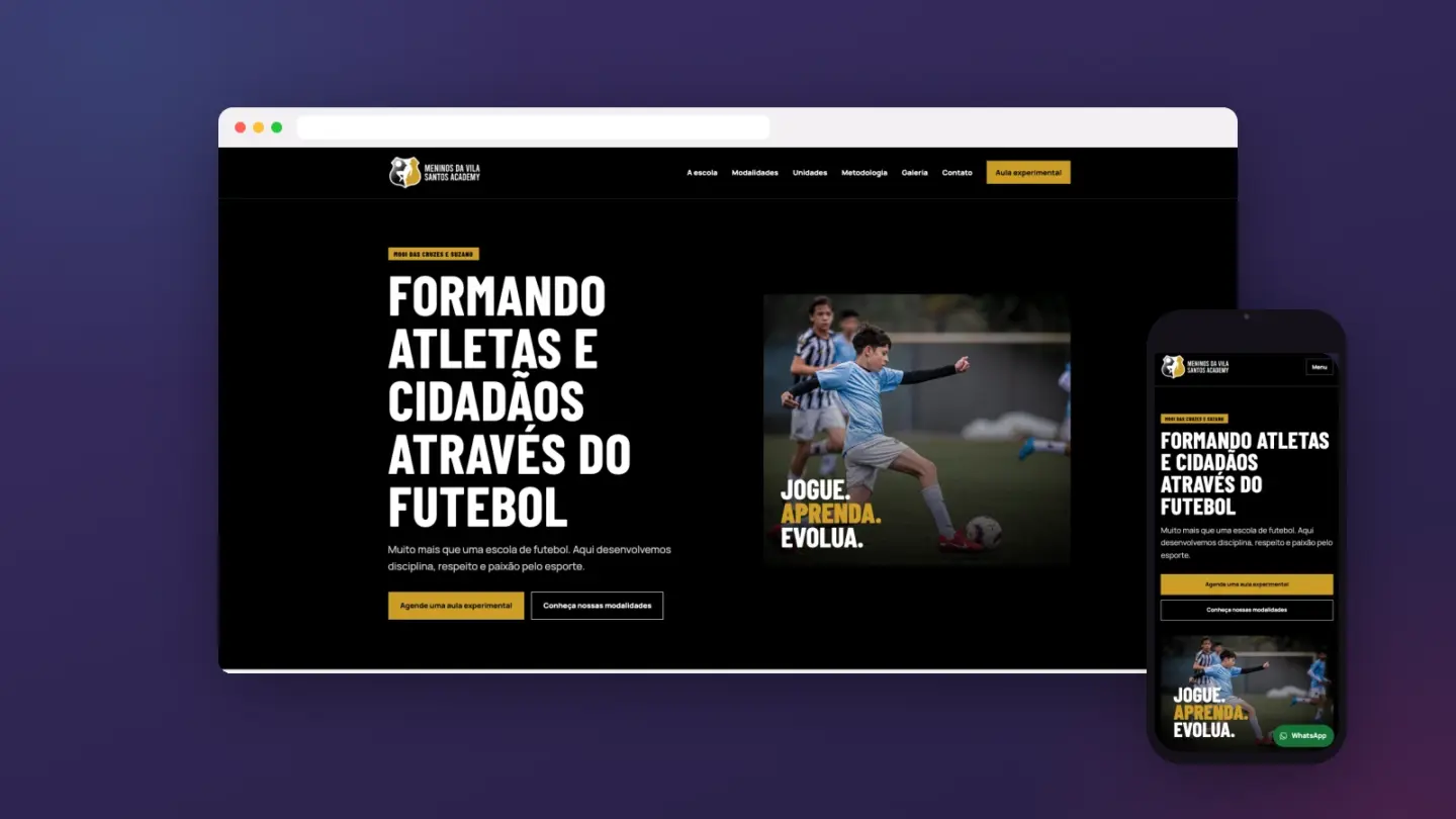 Mockup do site de Meninos da Vila Mogi em desktop e mobile